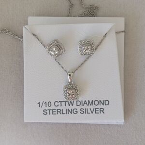 Silver Diamond Earring and Necklace Set